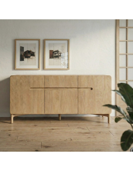 Buffet tv japandi minimaliste lignes douces Bas 3 portes 160 cm Bois de manguier Naturel Emorio 