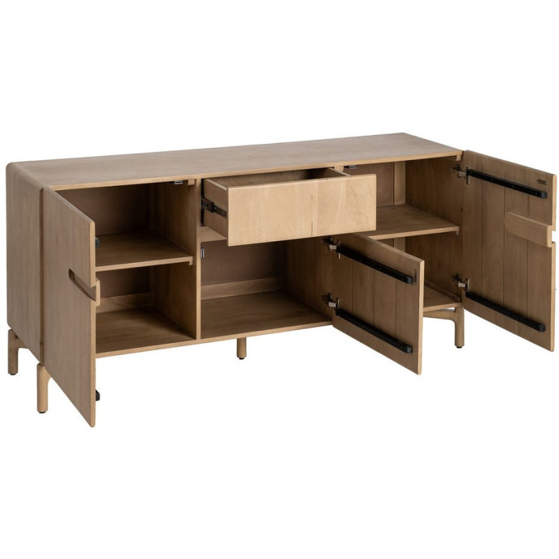 Buffet tv japandi minimaliste lignes douces Bas 3 portes 160 cm Bois de manguier Naturel Emorio 