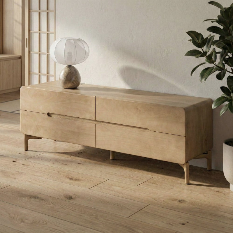 Meuble tv japandi minimaliste lignes douces 4 tiroirs 160 cm Bois de manguier Naturel Emorio 