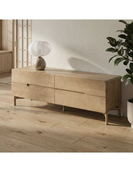 Meuble tv japandi minimaliste lignes douces 4 tiroirs 160 cm Bois de manguier Naturel Emorio 