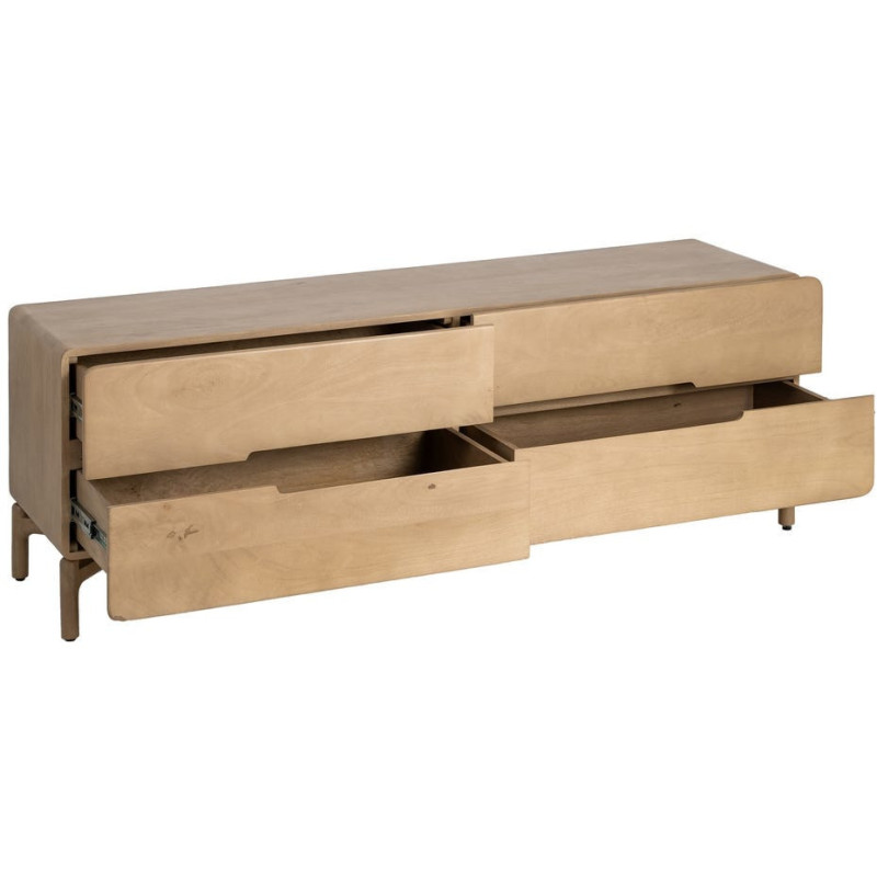 Meuble tv japandi minimaliste lignes douces 4 tiroirs 160 cm Bois de manguier Naturel Emorio 