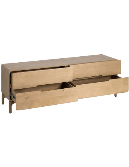Meuble tv japandi minimaliste lignes douces 4 tiroirs 160 cm Bois de manguier Naturel Emorio 