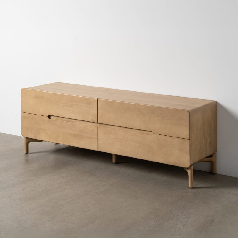 Meuble tv japandi minimaliste lignes douces 4 tiroirs 160 cm Bois de manguier Naturel Emorio 