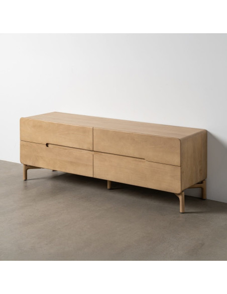 Meuble tv japandi minimaliste lignes douces 4 tiroirs 160 cm Bois de manguier Naturel Emorio 