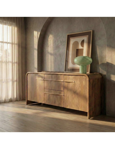 Buffet design organique moderne lignes arrondies Bas 2 portes 2 tiroirs 165 cm Bois de manguier Naturel Oryvia 