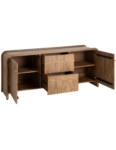 Buffet design organique moderne lignes arrondies Bas 2 portes 2 tiroirs 165 cm Bois de manguier Naturel Oryvia 