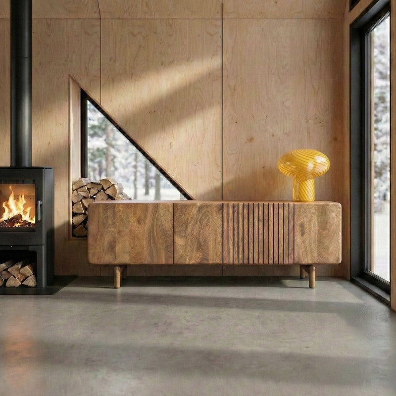 Meuble TV japandi minimaliste 3 portes 160 cm Bois de manguier Naturel Kyvora 