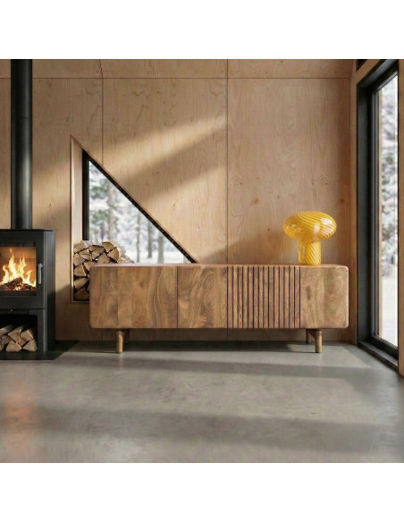 Meuble TV japandi minimaliste 3 portes 160 cm Bois de manguier Naturel Kyvora 