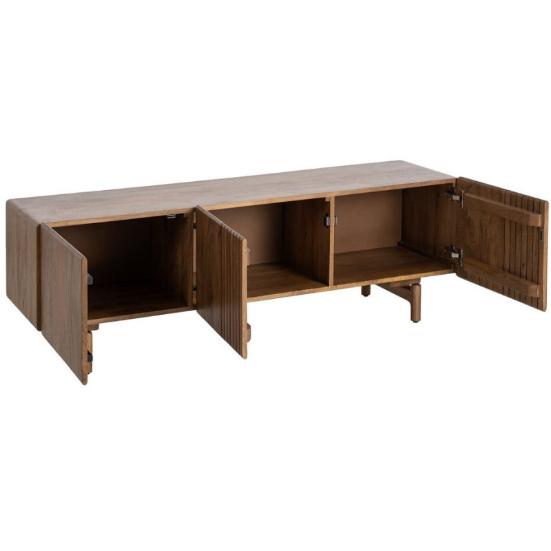 Meuble TV japandi minimaliste 3 portes 160 cm Bois de manguier Naturel Kyvora 