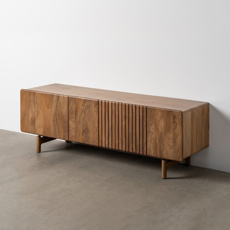 Meuble TV japandi minimaliste 3 portes 160 cm Bois de manguier Naturel Kyvora 