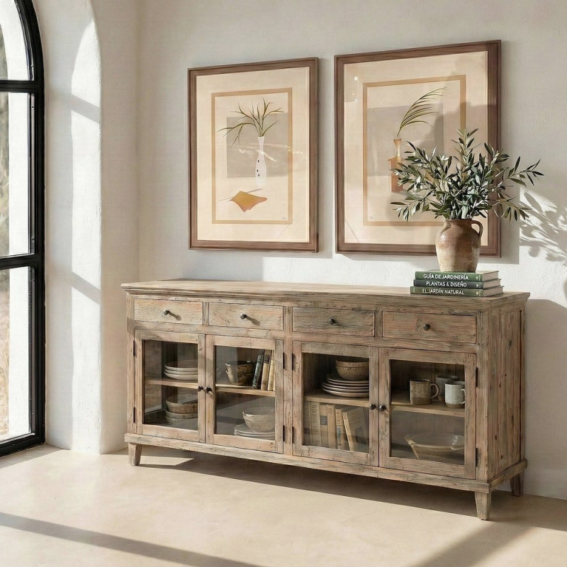 Grand Buffet Enfilade vitrine campagne chic Bas 4 portes 4 tiroirs 200 cm Bois de pin recyclé Naturel Verre Transparent Riverla 