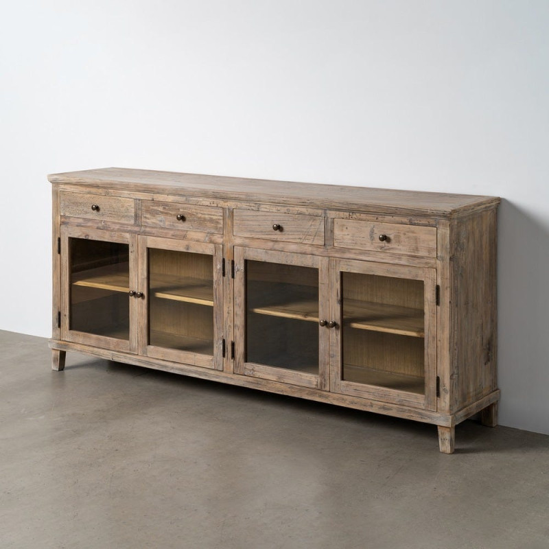 Grand Buffet Enfilade vitrine campagne chic Bas 4 portes 4 tiroirs 200 cm Bois de pin recyclé Naturel Verre Transparent Riverla 