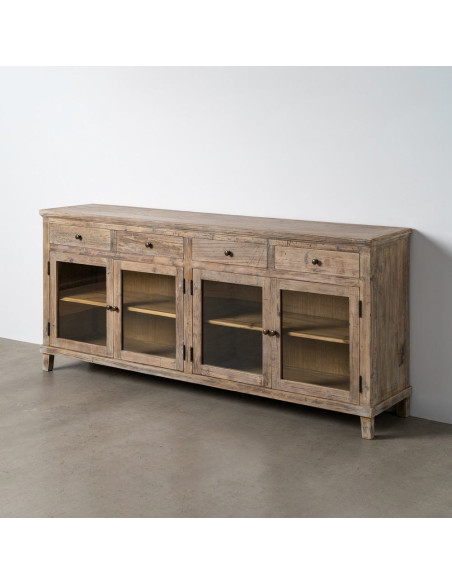 Grand Buffet Enfilade vitrine campagne chic Bas 4 portes 4 tiroirs 200 cm Bois de pin recyclé Naturel Verre Transparent Riverla 