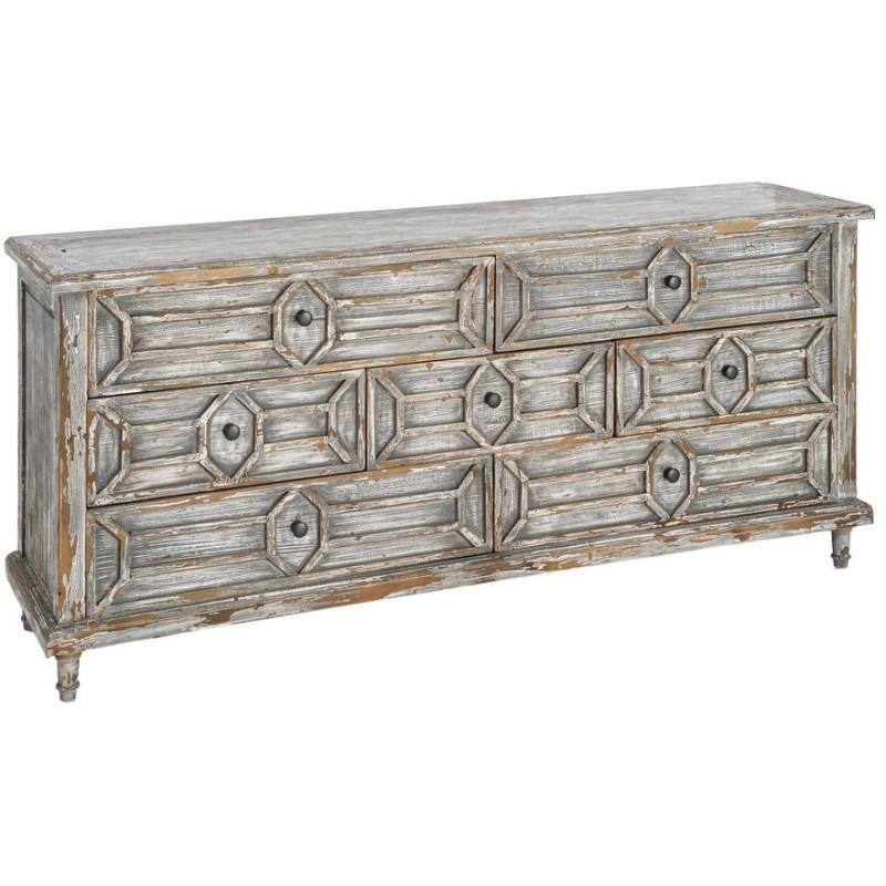 Grande Commode bohème vintage 7 tiroirs Bois recyclé Gris Patiné Calisandra 