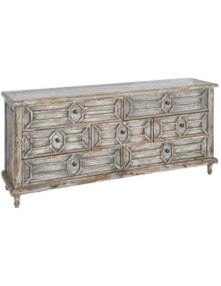 Grande Commode bohème vintage 7 tiroirs Bois recyclé Gris Patiné Calisandra 