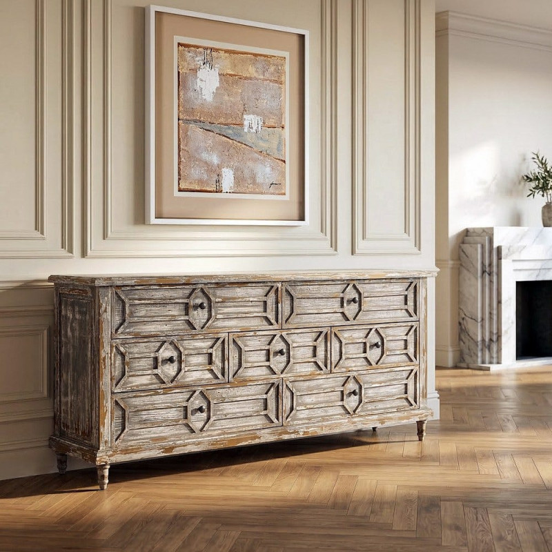 Grande Commode bohème vintage 7 tiroirs Bois recyclé Gris Patiné Calisandra 