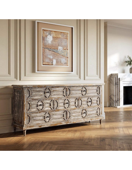 Grande Commode bohème vintage 7 tiroirs Bois recyclé Gris Patiné Calisandra 