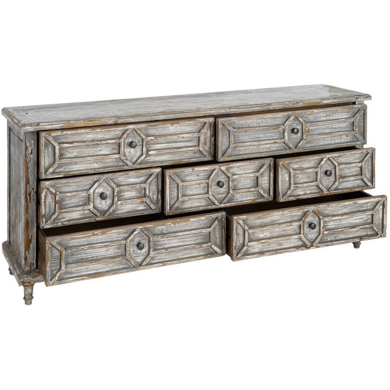 Grande Commode bohème vintage 7 tiroirs Bois recyclé Gris Patiné Calisandra 