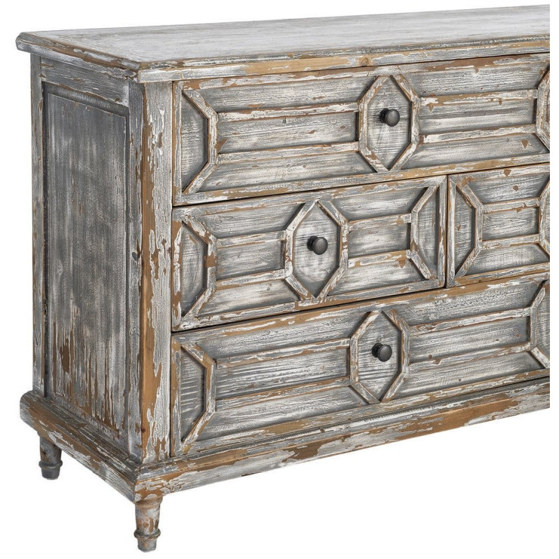 Grande Commode bohème vintage 7 tiroirs Bois recyclé Gris Patiné Calisandra 