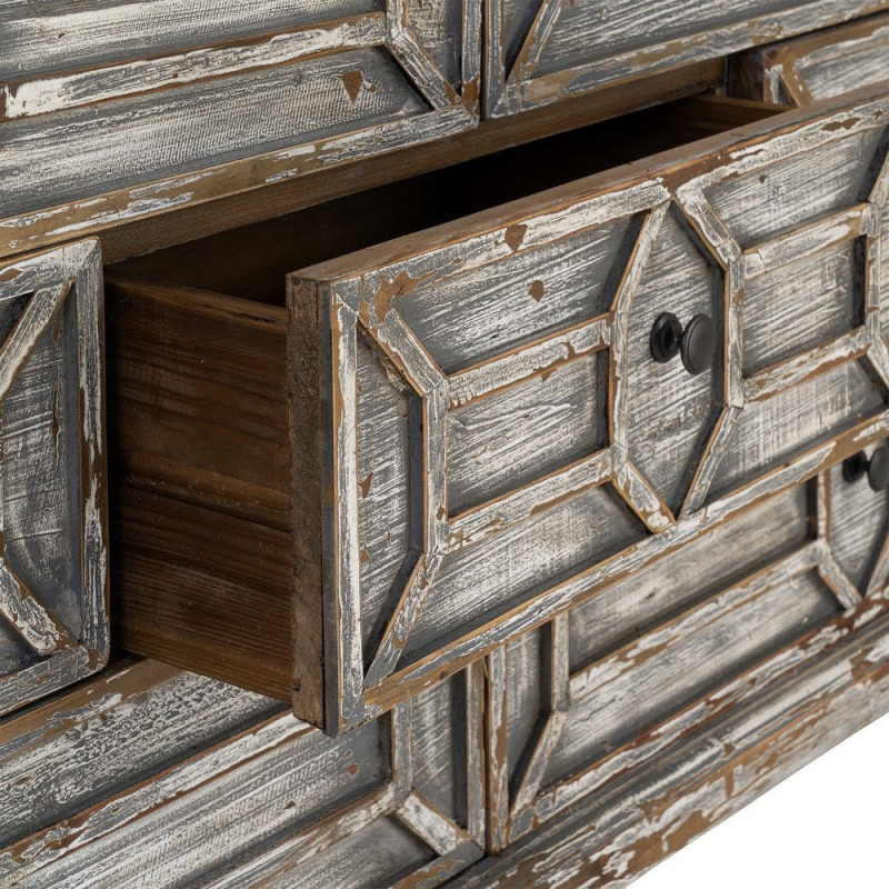Grande Commode bohème vintage 7 tiroirs Bois recyclé Gris Patiné Calisandra 