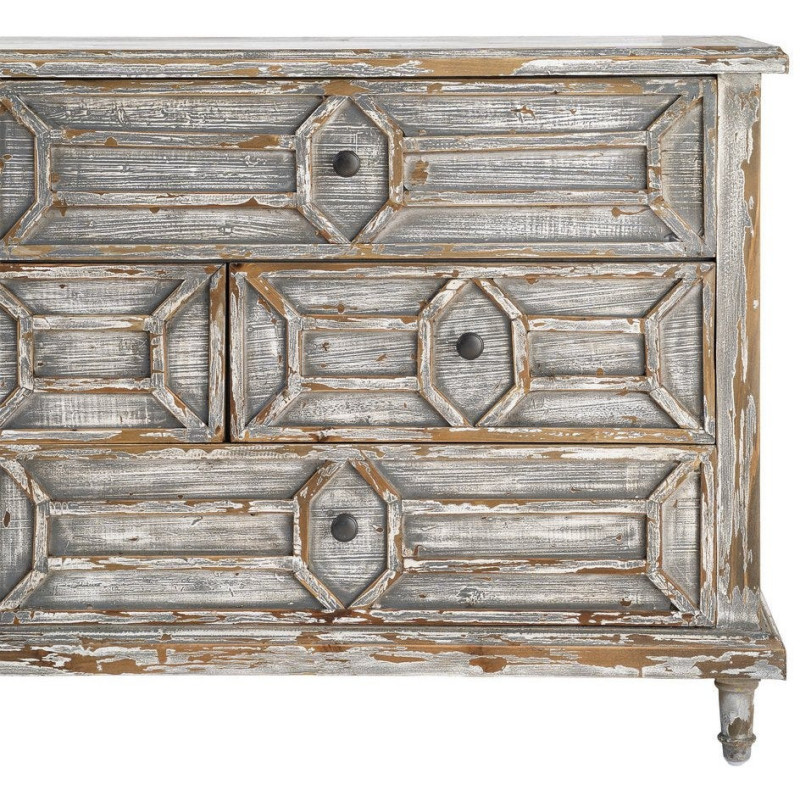 Grande Commode bohème vintage 7 tiroirs Bois recyclé Gris Patiné Calisandra 