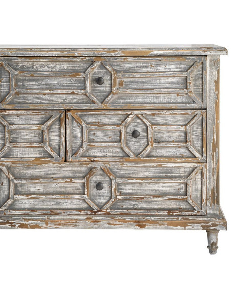 Grande Commode bohème vintage 7 tiroirs Bois recyclé Gris Patiné Calisandra 