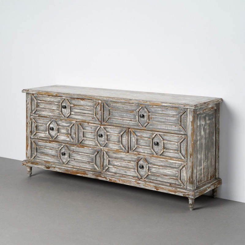 Grande Commode bohème vintage 7 tiroirs Bois recyclé Gris Patiné Calisandra 