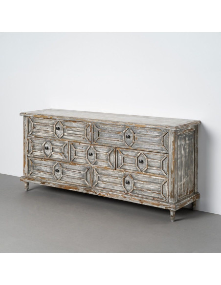 Grande Commode bohème vintage 7 tiroirs Bois recyclé Gris Patiné Calisandra 