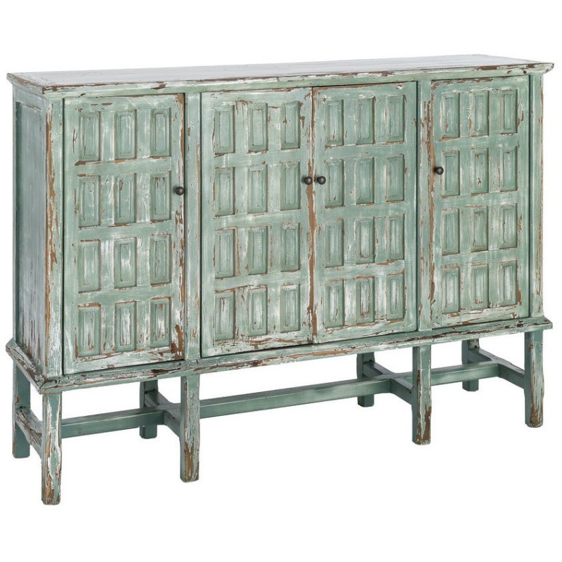 Grand Buffet bohème ethnique Bas 4 portes Bois recyclé Vert Patiné Verdenzio 