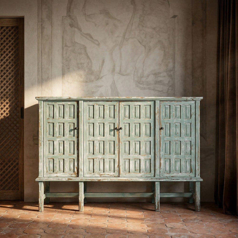 Grand Buffet bohème ethnique Bas 4 portes Bois recyclé Vert Patiné Verdenzio 