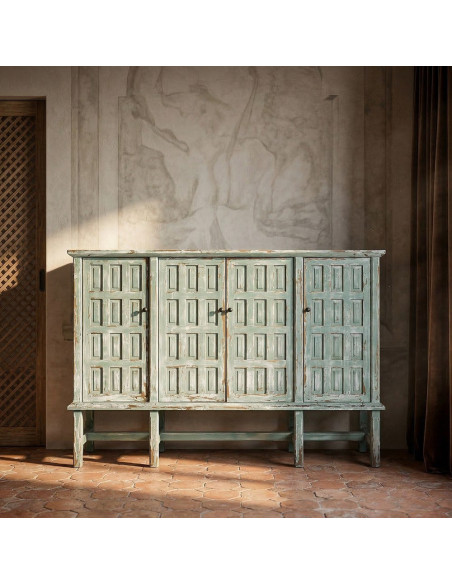 Grand Buffet bohème ethnique Bas 4 portes Bois recyclé Vert Patiné Verdenzio 