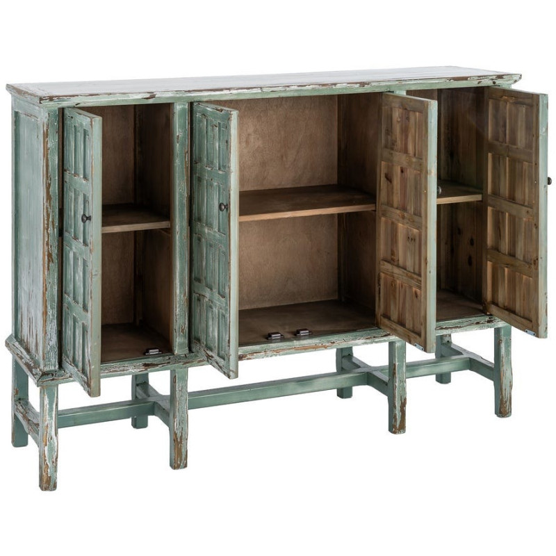 Grand Buffet bohème ethnique Bas 4 portes Bois recyclé Vert Patiné Verdenzio 