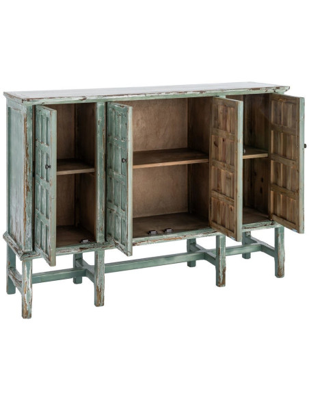 Grand Buffet bohème ethnique Bas 4 portes Bois recyclé Vert Patiné Verdenzio 