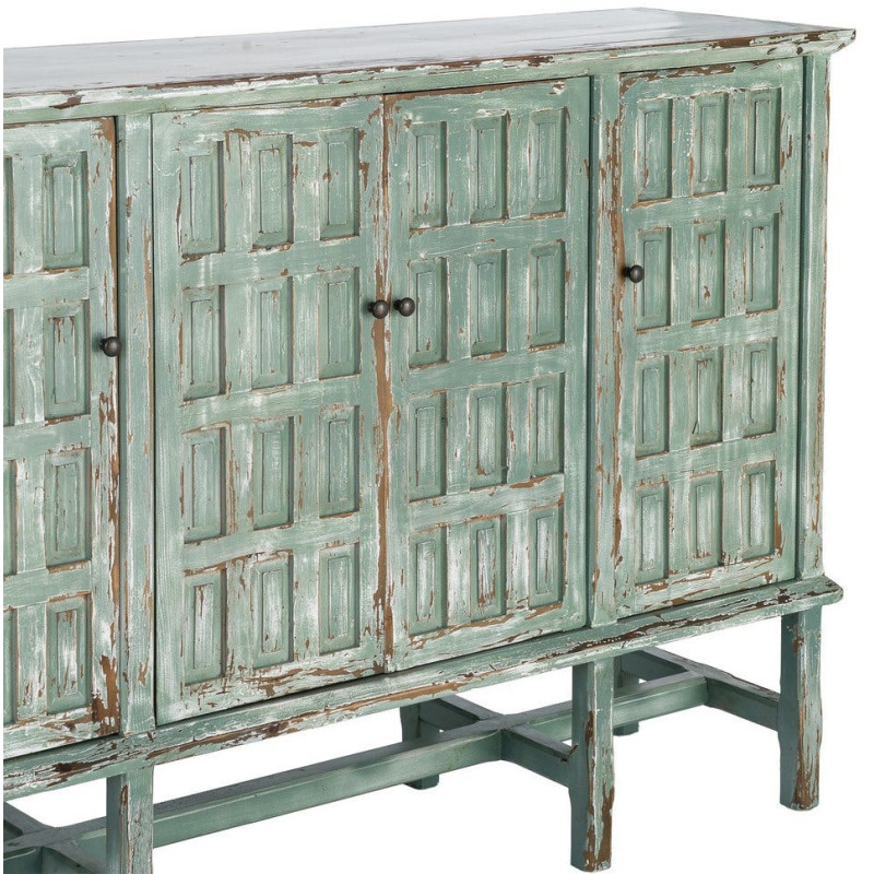 Grand Buffet bohème ethnique Bas 4 portes Bois recyclé Vert Patiné Verdenzio 