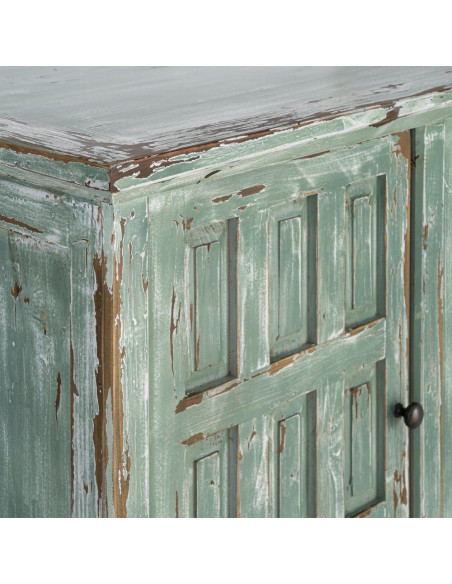 Grand Buffet bohème ethnique Bas 4 portes Bois recyclé Vert Patiné Verdenzio 