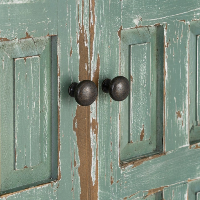 Grand Buffet bohème ethnique Bas 4 portes Bois recyclé Vert Patiné Verdenzio 