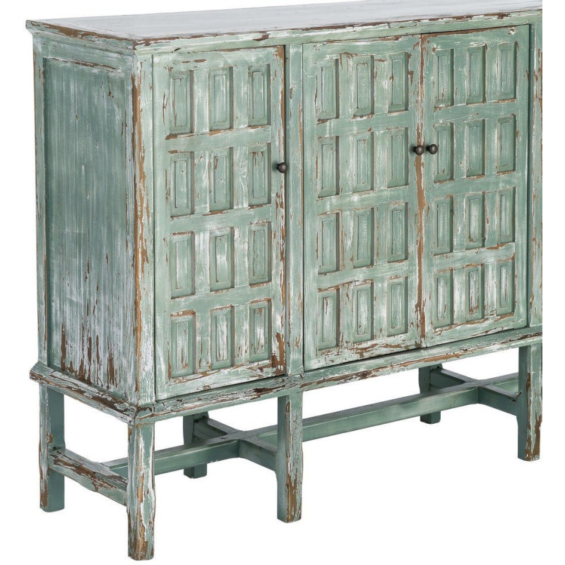 Grand Buffet bohème ethnique Bas 4 portes Bois recyclé Vert Patiné Verdenzio 