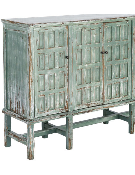 Grand Buffet bohème ethnique Bas 4 portes Bois recyclé Vert Patiné Verdenzio 