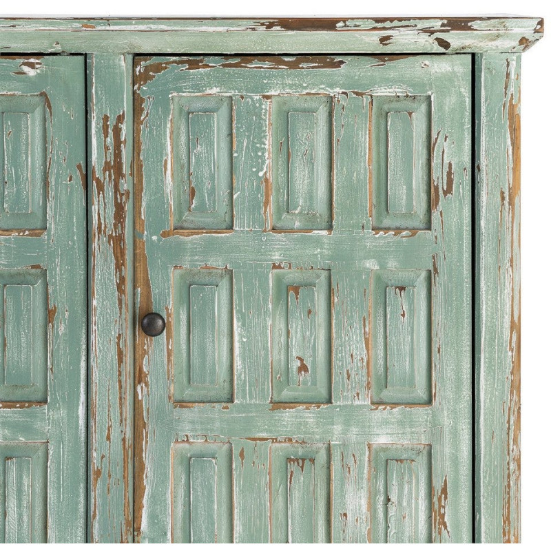 Grand Buffet bohème ethnique Bas 4 portes Bois recyclé Vert Patiné Verdenzio 