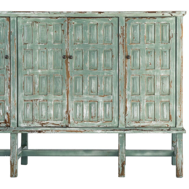 Grand Buffet bohème ethnique Bas 4 portes Bois recyclé Vert Patiné Verdenzio 