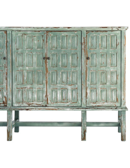 Grand Buffet bohème ethnique Bas 4 portes Bois recyclé Vert Patiné Verdenzio 