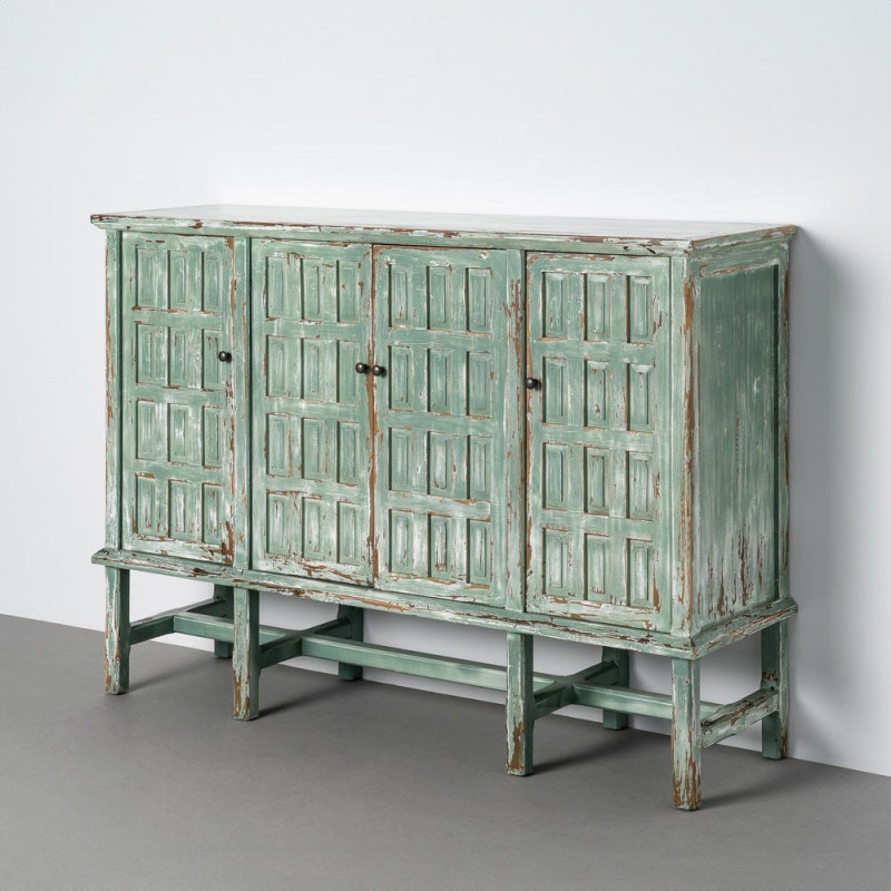 Grand Buffet bohème ethnique Bas 4 portes Bois recyclé Vert Patiné Verdenzio 