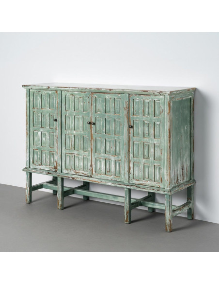 Grand Buffet bohème ethnique Bas 4 portes Bois recyclé Vert Patiné Verdenzio 