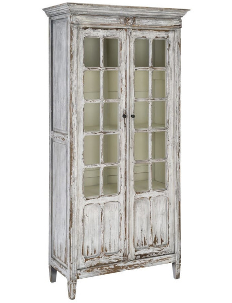Grand Buffet Vaisselier Campagne chic Haut 2 portes Bois recyclé Blanc crème Patiné Verre Transparent Whinora 