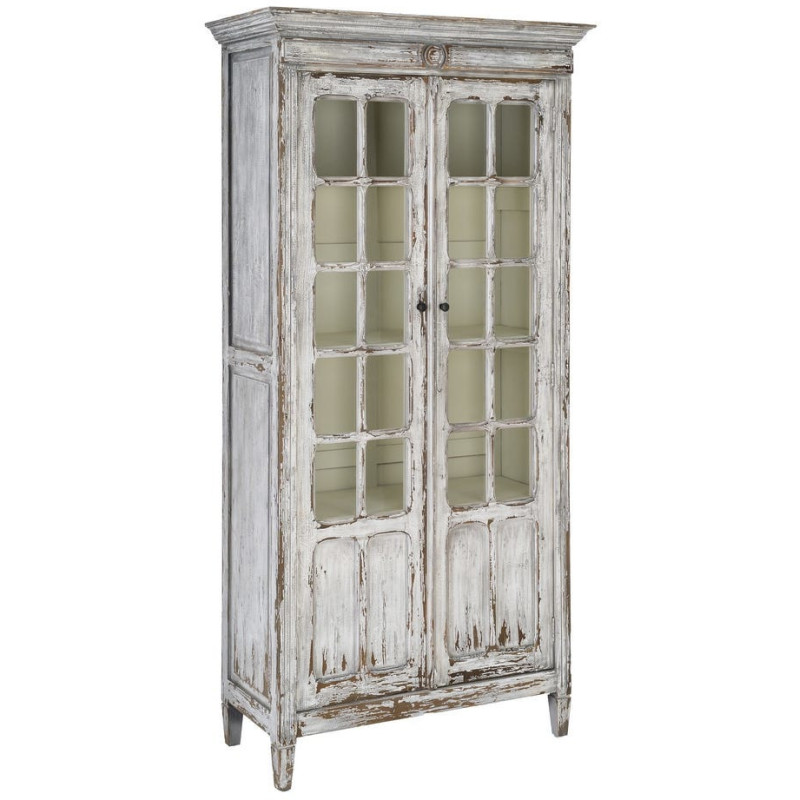 Grand Buffet Vaisselier Campagne chic Haut 2 portes Bois recyclé Blanc crème Patiné Verre Transparent Whinora 