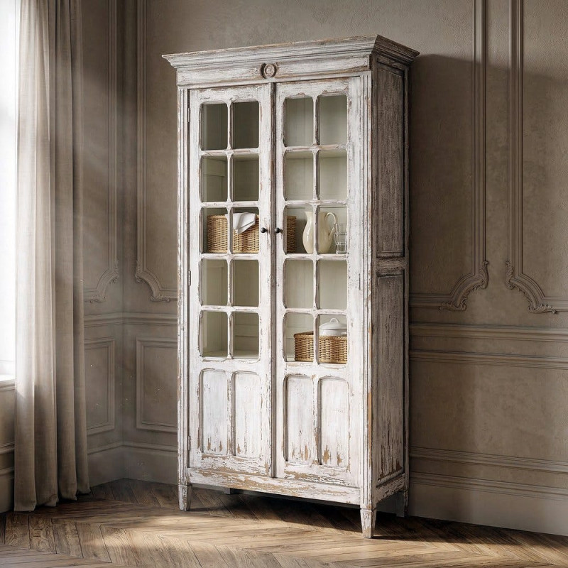 Grand Buffet Vaisselier Campagne chic Haut 2 portes Bois recyclé Blanc crème Patiné Verre Transparent Whinora 
