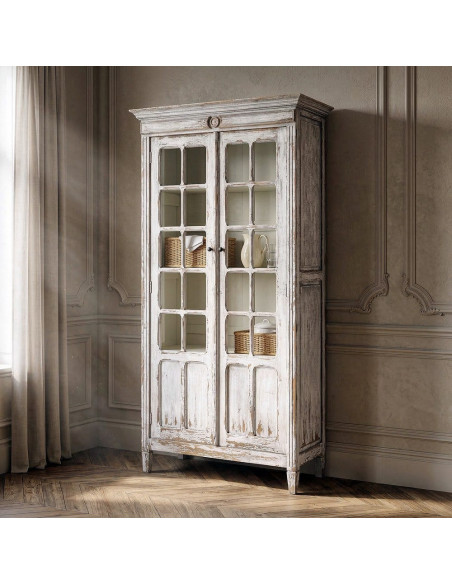Grand Buffet Vaisselier Campagne chic Haut 2 portes Bois recyclé Blanc crème Patiné Verre Transparent Whinora 