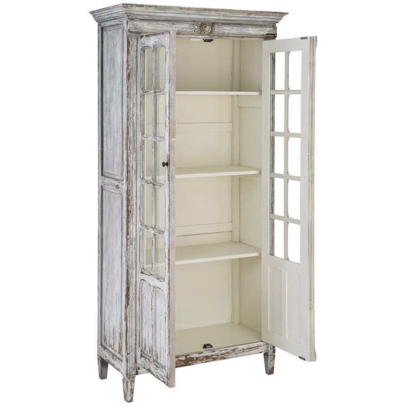 Grand Buffet Vaisselier Campagne chic Haut 2 portes Bois recyclé Blanc crème Patiné Verre Transparent Whinora 