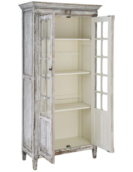 Grand Buffet Vaisselier Campagne chic Haut 2 portes Bois recyclé Blanc crème Patiné Verre Transparent Whinora 