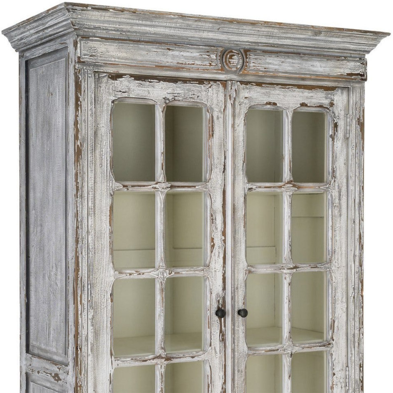 Grand Buffet Vaisselier Campagne chic Haut 2 portes Bois recyclé Blanc crème Patiné Verre Transparent Whinora 